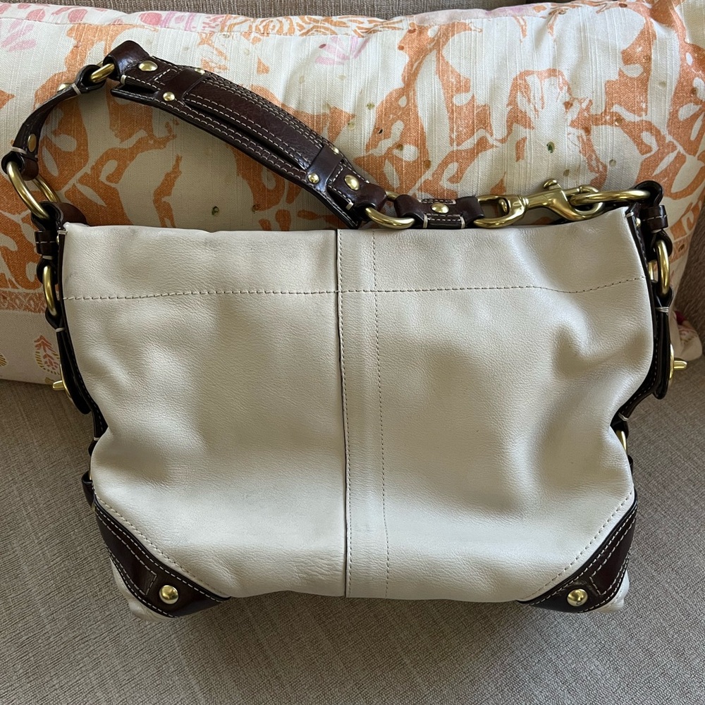 COACH Carly Cream Leather Hobo Handbag w/Brown Leather Trim and Brass Hardware - Picture 3 of 16